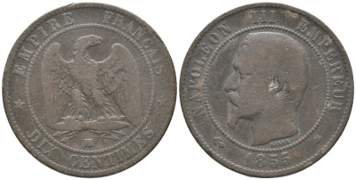ФРАНЦИЯ 10 САНТИМОВ 1855 ВВ, НАПОЛЕОН III (1852-1870) KM 771.3, LE FRANC 133.23 бронза 53-714