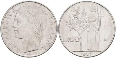 ИТАЛИЯ 100 ЛИР 1967 R, АФИНА КМ 96.1 нержавеющая сталь 4572-614