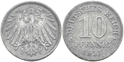 ГЕРМАНИЯ 10 ПФЕННИГОВ 1921 KM 26, J. 299 цинк 4401-155