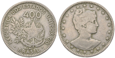 Бразилия 400 реалов 1901 MCMI, голова свободы вправо KM 505 медно-никель 4612-512