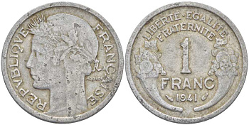 ФРАНЦИЯ 1 ФРАНК 1941 ТИП MORLON, LEGERE KM 885a.1, LE FRANC 221.2 алюминий 4390-1223
