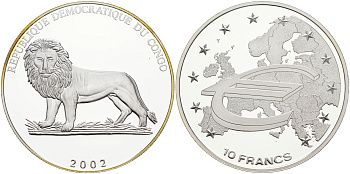 Конго 10 франков 2003 Евросоюз Schoon 177 серебро PROOF 00-00
