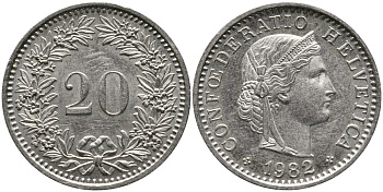 Швейцария 20 раппенов 1982 KM 29а медно-никель 4539-632