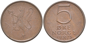 Норвегия 5 эре 1973 Улаф V (1958-1991) ​KM 415 бронза 187-743