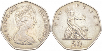 Великобритания 50 пенсов 1969 Елизавета II (1952-2022) KM 913, Spink 4223 (H1) медно-никель 69-211