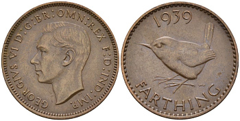 Великобритания 1 фартинг 1939 Георг VI (1936-1952) KM 843, Spink 4116 бронза 4154-253