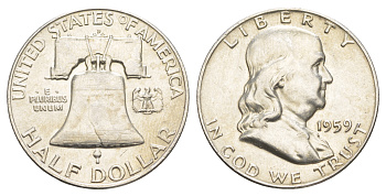США 1/2 доллара (50 центов) 1959 Бенджамин Франклин, колокол KM 199 серебро  aUNC  4653-116