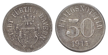 Фюрт в Баварии 50 пфеннигов 1917 Funck 145.4, Men05 8540.10, Men18 10637.10 железо 4636-1049