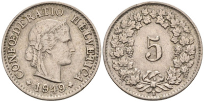 Швейцария 5 раппенов 1949 В KM 26 медно-никель 4594-615