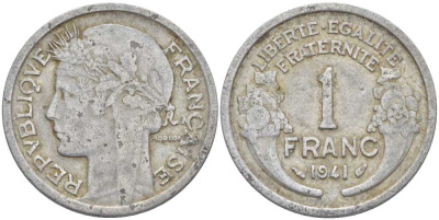 ФРАНЦИЯ 1 ФРАНК 1941 ТИП MORLON, LEGERE KM 885a.1, LE FRANC 221.2 алюминий 4390-1223