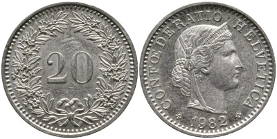 Швейцария 20 раппенов 1982 KM 29а медно-никель 4539-632