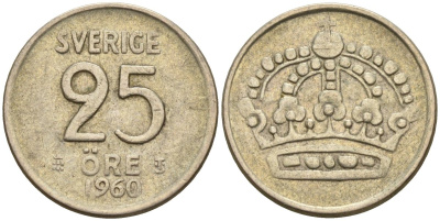 Швеция 25 эре 1960 TS, Густав VI Адольф (1950-1973) KM 824 серебро 4147-1069