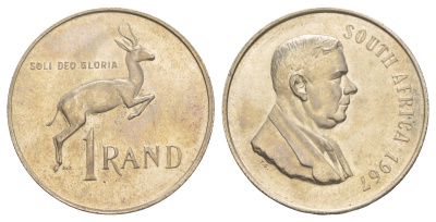 ЮАР 1 ранд 1967 Первая годовщина смерти Хендрика Фервурда, надпись на английском - "SOUTH AFRICA" KM 72.1 серебро UNC 413-3741