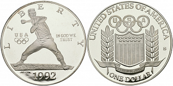 США 1 доллар 1992 S, Олимпийские игры, бейсбол KM 234 серебро PROOF 02-226-41