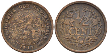 НИДЕРЛАНДЫ 1/2 ЦЕНТА 1917 ВИЛЬГЕЛЬМИНА (1890-1948) KM 138 бронза 39-216