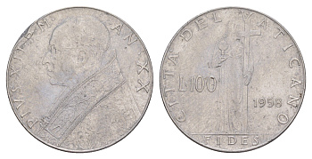 Ватикан 100 лир 1958 Пий XII KM 55 нержавеющая сталь 4648-134
