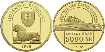 Словакия 5000 крон 1998 памятники Юнеско, Спасский замок KM 46 золото PROOF 00-000-00