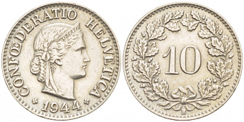ШВЕЙЦАРИЯ 10 РАППЕНОВ 1944 В KM 27 медно-никель 216-1235