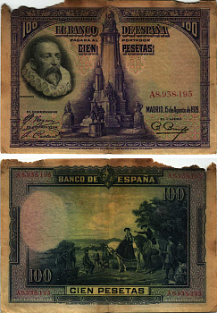 Испания 100 песет 1928 Мигель де Сервантес Сааведра, памятник Сервантесу, картина Дон Кихот Pick 76 а бумага 8609-38-2