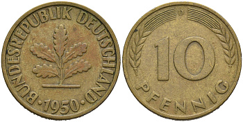 ФРГ 10 ПФЕННИГОВ 1950 D KM 108, J.383 сталь плакированная латунью 75-621