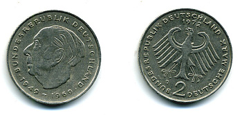 ФРГ 2 марки 1972 D, Теодор Хойс KM 127, J. 407 медно-никель плакированный никелем 35-1245