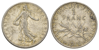Франция 1 франк 1916 KM 844 серебро 4622-1114