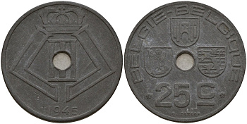 Бельгия 25 сантимов 1945 Belgie - Belgique, Леопольд III (1934-1947), германская оккупация, Вторая мировая война KM 132 цинк 4157-644