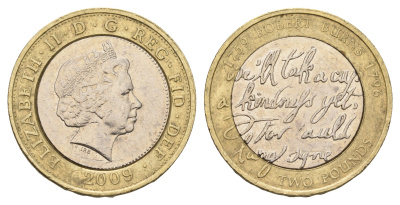 Великобритания 2 фунта 2009 Елизавета II (1952-2022), 250 лет со дня рождения Роберта Бёрнса KM 1116, Spink K24 биметалл 4111-1036