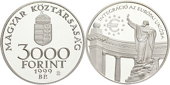 Венгрия 3000 форинтов 1999 интеграция в Европейский Союз KM 735 серебро PROOF 02-252-22