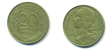 ФРАНЦИЯ 20 САНТИМОВ 1974 ТИП MARIANNE KM 930, LE FRANC 156.14 алюминиевая бронза 25-122