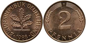 ФРГ 2 ПФЕННИГА 1988 F KM 106а, J.381а сталь плакированная сталь плакированная медьюю 33-245