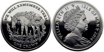 Остров Мэн 1 крона 2014 в память героев первой мировой войны, одинокая лошадь KM NEW серебро  PROOF  1071-3-34