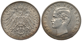 Бавария 2 марки 1907 D, Отто (1886-1913) Weege 44, J. 45, KM 511 серебро 000-000