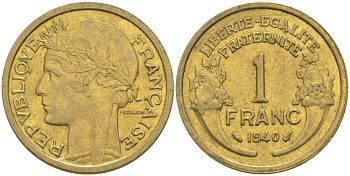 Франция 1 франк 1940 тип Морлон KM 885, LE FRANC 219.11 алюминиевая бронза 3853-214