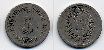 ГЕРМАНИЯ 5 ПФЕННИГОВ 1875 A, СТАРОГЕРБОВКА KM 3, J.3 медно-никель 46-365