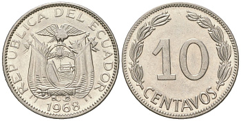 Эквадор 10 сентаво 1968 KM 76c сталь плакированная никелем aUNC 4611-863