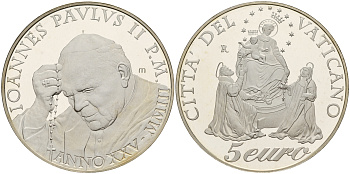 Ватикан 5 евро 2003 R, молитвенный год, в оригинальной коробке с сертификатом KM 354 серебро PROOF 2-4-2-27