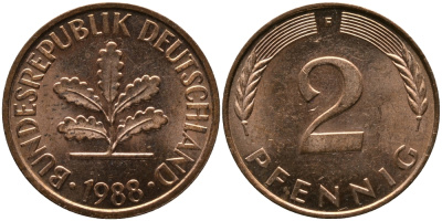 ФРГ 2 ПФЕННИГА 1988 F KM 106а, J.381а сталь плакированная сталь плакированная медьюю 33-245