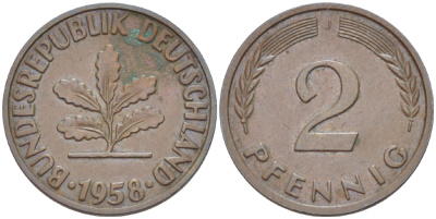 ФРГ 2 ПФЕННИГА 1958 J KM 106, J. 381 бронза 4181-717