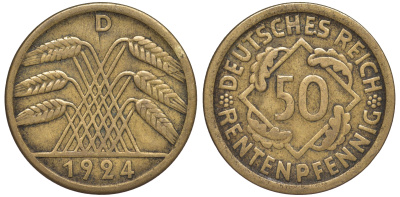 Германия 50 рентенпфеннигов 1924 D J. 310, KM 34 алюминиевая бронза 4118-324