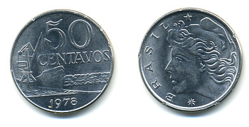 Бразилия 50 сентаво 1978 голова свободы влево KM 580b, Schon 85b нержавеющая сталь 4379-1033