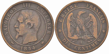 ФРАНЦИЯ 10 САНТИМОВ 1854 A, НАПОЛЕОН III (1852-1870) KM 771.1, LE FRANC 133.10 бронза 38-932