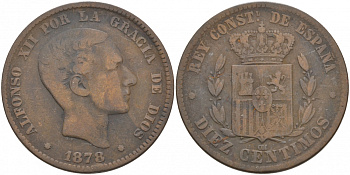 ИСПАНИЯ 10 СЕНТИМО 1878 ОМ, АЛЬФОНСО XII (1874-1885) KM 675 (Y 70) бронза 69-1013