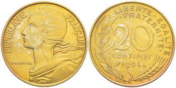 ФРАНЦИЯ 20 САНТИМОВ 1964 ТИП MARIANNE KM 930, LE FRANC 156.4 алюминиевая бронза 217-233