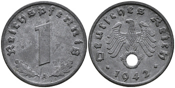 ГЕРМАНИЯ 1 РЕЙХСПФЕННИГ 1942 A KM 97, J.369 цинк 96-732