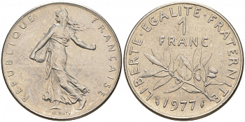 ФРАНЦИЯ 1 ФРАНК 1977 СЕЯТЕЛЬ KM 925.1, LE FRANC 226.22 никель UNC 186-347