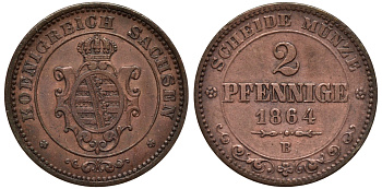 Саксония 2 пфеннига 1864 В, Иоганн (1854-1873) KM 1217, Jaeger 121, AKS 155 медь 75-162