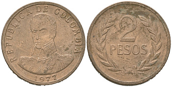 Колумбия 2 песо 1977 Симон Боливар KM 263 бронза 4619-541