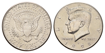 США 1/2 доллара (50 центов) 1998 D, Джон Кеннеди KM A202b медь плакированная медно-никелем UNC 4672-726