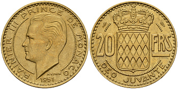 Монако 20 франков 1951 Ренье III (1949-2005) KM 131 алюминиевая бронза 4601-1011